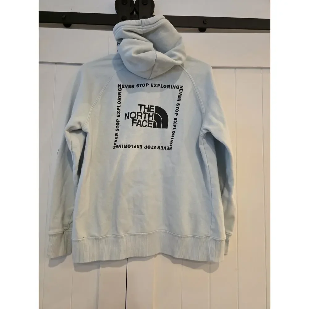 The North Face Women's Medium Hoodie Light Blue Pullover Sweatshirt Logo Graphic